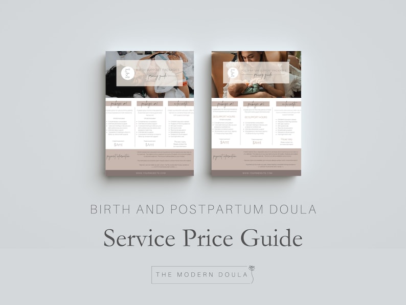Puede incluir: Una gu&iacute;a de precios para los servicios de doula de parto y posparto. La gu&iacute;a incluye tres paquetes con diferentes servicios y precios. La gu&iacute;a est&aacute; dise&ntilde;ada por The Modern Doula.