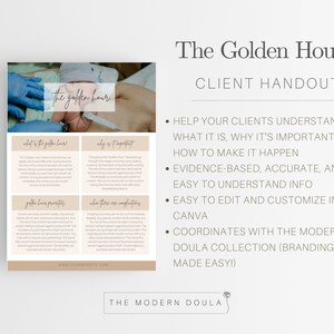 May include: A printable handout for doulas titled "The Golden Hour" with a photo of a newborn baby being held by a gloved hand. The handout provides information about the importance of the first hour after birth for both baby and parent.