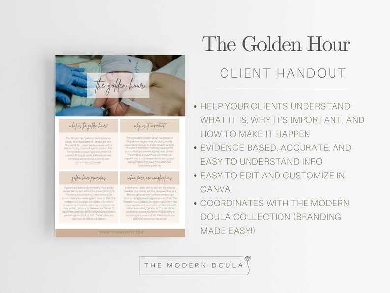 May include: A printable handout for doulas titled "The Golden Hour" with a photo of a newborn baby being held by a gloved hand. The handout provides information about the importance of the first hour after birth for both baby and parent.