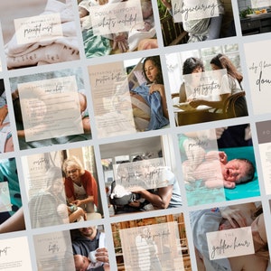 May include: A collage of images with text about doula support, prenatal visits, postpartum support, breastfeeding, babywearing, and other topics related to pregnancy and childbirth.