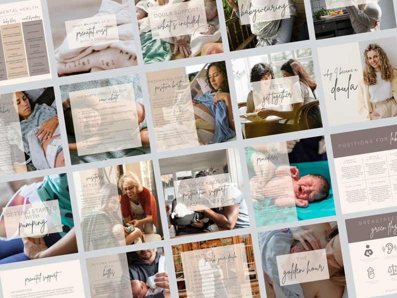 May include: A collage of images with text about doula support, prenatal visits, postpartum support, breastfeeding, babywearing, and other topics related to pregnancy and childbirth.