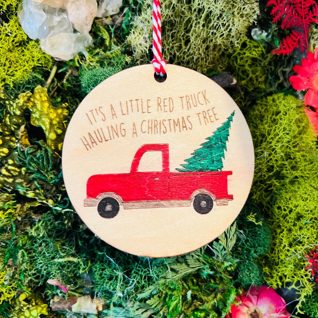 Little Red Truck Hauling A Christmas Tree Ornament Etsy