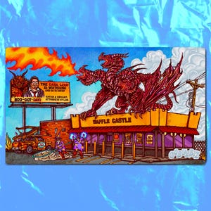 May include: A rectangular print featuring a red dragon perched on a Waffle Castle building. A billboard reads THE DARK LORD IS WATCHING AND SO IS DAVID! SATAN & BRYANT, ATTORNEYS AT LAW. 800-GOT-DAVD. A pest control truck and two wizards are visible.