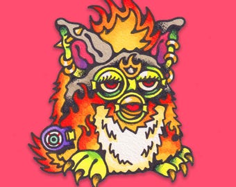 May include: A colorful cartoon illustration of a furry creature with flames on its head, wearing large round glasses and holding a small purple object. The creature has a white face with a red mouth and a yellow nose.