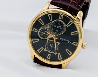 Gepersonaliseerde moderne quartz horloge vintage handgemaakte leren armband Hugues, gepersonaliseerd cadeau, huwelijkscadeau idee