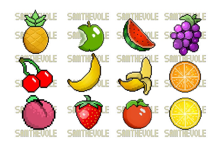 Tropical pixel fruits set. Simple ripe banana with red strawberries and  blue plum. Yellow sweet mango with red apple and cherries for vector 8bit  design 8874298 Vector Art at Vecteezy