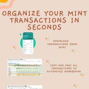 May include: A graphic showing how to organize your Mint transactions in seconds. The graphic shows a screenshot of the Mint app, a spreadsheet with a table and pie chart, and text that says "Download transactions from Mint", "Copy and paste all transactions to automated workbook", and "Viola! All expenses are shown in the table and pie charts!"