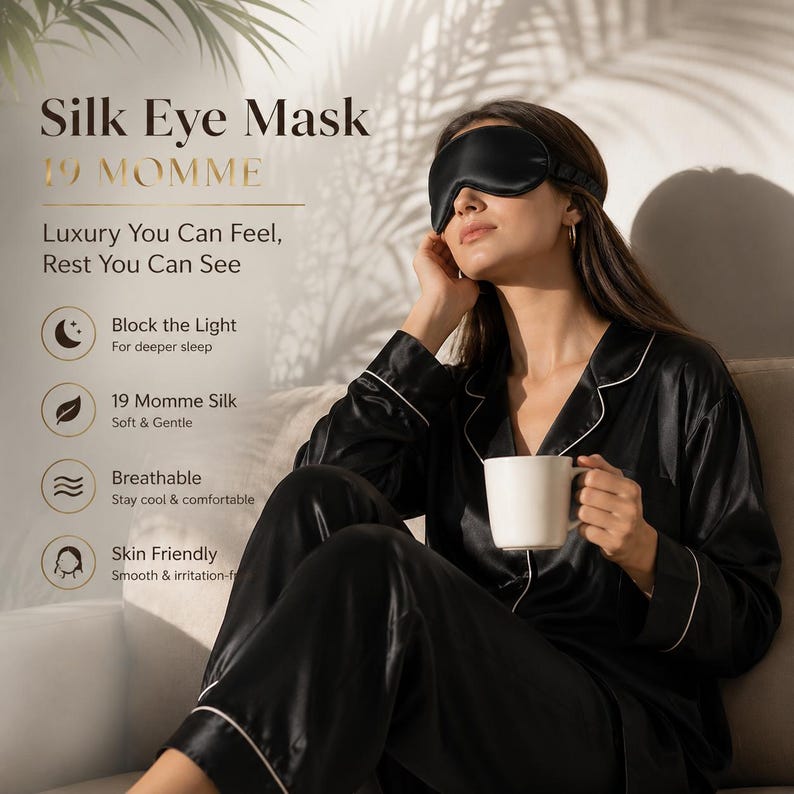 Pu&ograve; includere: Una mascherina per occhi in seta nera con cinturino regolabile e un pigiama in seta nera con profili bianchi. Il testo recita Silk Eye Mask, 19 MOMME, Luxury You Can Feel, Rest You Can See, Block the Light, 19 Momme Silk, Breathable, Skin Friendly.