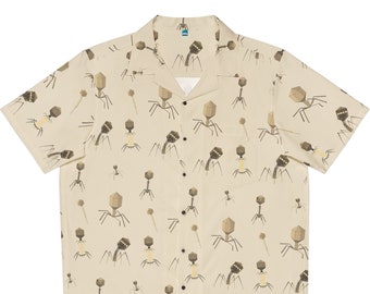 Phage Science button up Hawaiian Shirt, Bacteriophage pattern button shirt with collar, Nerdy smart biology themed gifts, Virology shirt