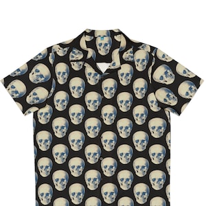 Human Skull Hawaiian style button up shirt, Anatomy themed black Hawaiian top, Biology and science themed dress shirts, Dia de Muertos idea