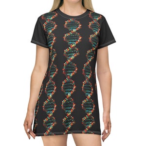 DNA T-Shirt Dress, Science-themed biology tunic with double helix pattern, DNA patterned black tee dress, Biology and genetics clothing idea