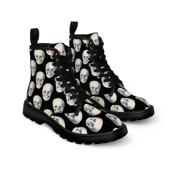 Human Skull Dr. Martin style boots, Anatomical skull punk rocker canvas boots, Antique skull pattern leather-free vegan shoes