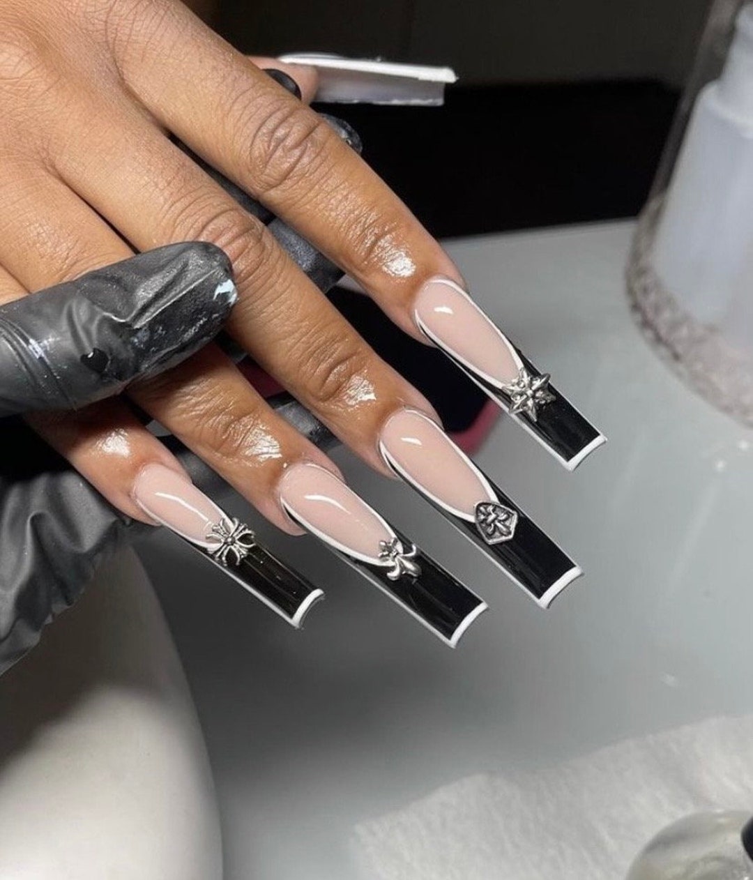 Deep French Nails With Added Charms Etsy