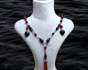 Goth Rosary Necklace, Dark Aesthetic Red Pendulum Jewelry, Victorian Style Black Crystal Necklace, Grunge Accessories for Punk