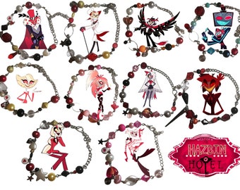 Hazbin Hotel Inspired Charm Bracelet, Glass Pearl Beads, Handmade