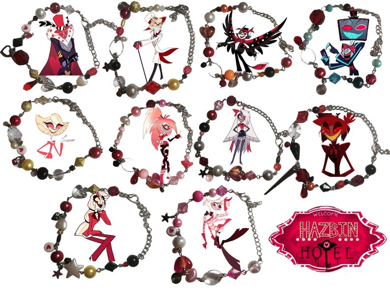 May include: Ten bracelets featuring characters from the animated series Hazbin Hotel. Each bracelet is made with silver chain, red and white beads, and a charm of a different character. The charms include:  Alastor, Angel Dust, Charlie,  Cherri Bomb,  Lucifer,  Sir Pentious,  Vaggie,  and  the Hazbin Hotel sign.