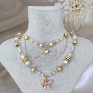 Butterfly fairy necklace y2k floral pink beaded jewelry heart chain gold choker pastel princesscore aesthetic kawaii romantic birthday gift
