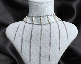 Pearl Waterfall Choker, Dainty Chain Necklace, Handmade