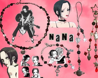 May include: A collection of jewelry and accessories with a pink background. The items include necklaces, bracelets, and charms featuring black, red, and clear beads, along with star, heart, and planet charms. The word "NANA" is also displayed.