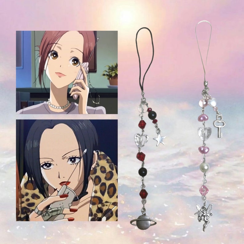 May include: Two phone charms with silver, black, red, pink, and white beads. One charm features a silver star, a silver heart, and a silver planet. The other charm features a silver key, a silver heart, and a silver fairy.