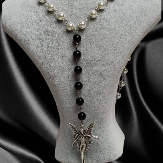 Rosary Necklace, Black Rosary Jewelry, Y2k Indie Jewelry