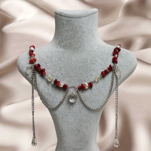 Red coral crystal necklace fairy heart charm y2k style fairygrunge aesthetic cottagecore aesthetic boho pendant gemstone gift craft jewelry