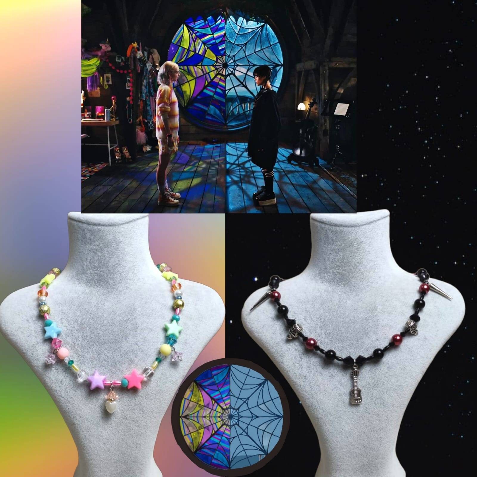 Collier Mercredi Addams - Pendentif 'W' Gothique Avec Pierres Noires, Chaîne 42 Cm - Accessoire Unisexe