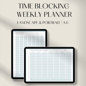 May include: Two black tablets displaying a weekly time-blocking planner. The text "TIME BLOCKING WEEKLY PLANNER" is at the top. The planner grid is light blue. The tablets are in landscape and portrait mode.
