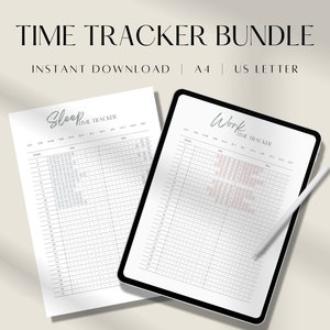 May include: A digital time tracker bundle with the text "TIME TRACKER BUNDLE" at the top. The bundle includes a "Sleep" and "Work" time tracker. The "Sleep" tracker is on a printed sheet, and the "Work" tracker is on a tablet with a stylus.