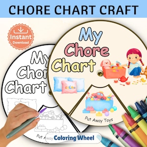 Może przedstawiać: Okrągła tablica obowiązków z napisem My Chore Chart, ilustracjami dziecka z zabawkami, poduszkami oraz sekcją z napisem Put Away Toys. Projekt zawiera czarno-białą wersję do kolorowania oraz kolorowe kredki świecowe.