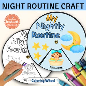 May include: A circular paper craft titled My Nightly Routine featuring a light blue background with a yellow crescent moon, blue clouds, and yellow stars. One section shows a colorful illustration of a child in a bathtub with the text Take a Bath.