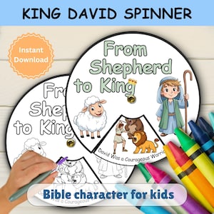 May include: A circular educational toy with the text "King David Spinner" and "From Shepherd to King." The spinner features illustrations of a sheep, a boy with a staff, and a lion. The text "Bible character for kids" is also present.