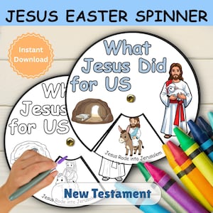 May include: A circular Jesus Easter spinner with the text "What Jesus Did for US" and "Jesus for US". The spinner features illustrations of Jesus, a tomb, and Jesus riding a donkey. The words "New Testament" are also visible.