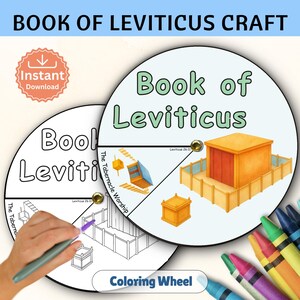 Könnte beinhalten: Bastelaktivität mit zwei Kreisen. Einer ist eine Malvorlage, der andere eine farbige Illustration des Buches Levitikus. Der Text "Coloring Wheel" ist ebenfalls sichtbar. Buntstifte sind vorhanden.