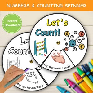 May include: A printable, colorful spinner with the words "Let's Count!" and a picture of an abacus. The spinner also has a number chart with the number 10 in the center and numbers 0-9 around it. The spinner is designed to help children learn to count.