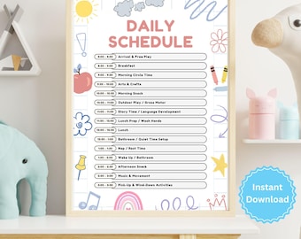 May include: A printable daily schedule for kids with a colorful design featuring a rainbow, stars, and a flower. The schedule includes times for activities such as arrival, free play, breakfast, morning circle time, arts and crafts, outdoor play, story time, lunch, nap time, wake up, afternoon snack, music and movement, and pick-up and wind-down activities. The text "Editable Daily Schedule" is at the bottom of the page.