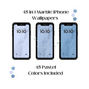 May include: Three iPhone mockups displaying different blue marble phone wallpapers. The time on the phone displays 10:10. The text "45 in 1 Marble iPhone Wallpapers" and "45 Pastel Colors Included" is displayed below the mockups.