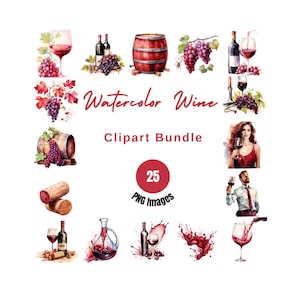 ClipArt di vino rosso dell'acquerello per siti Web, Clipart di vino rosso per Scrapbooking, clipart dell'acquerello per la creazione di carte