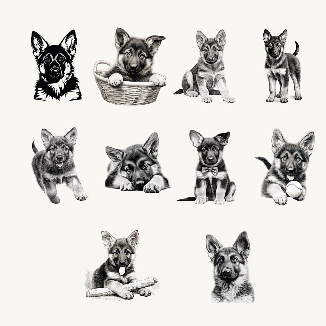 thumbnail image 2 of Black And White German Shepherd Dog Vector Sketch. Silhouette Of Fluffy German Shepherd Stock Vector Image & Art 2 of 13