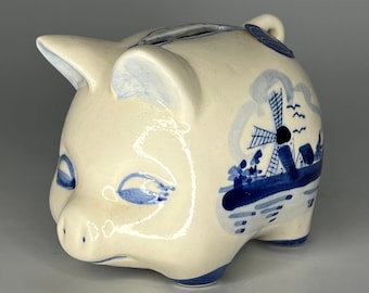 ヴィンテージ ハンドペイント デルフトブルー 豚 貯金箱 ブルー