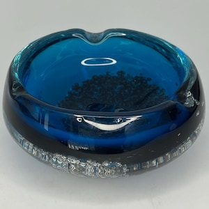 Vintage Blue Murano Glass Ash Tray Mid Century Bubble Effect Art Glass Trinket Dish Bowl