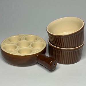 French Vintage EMILE HENRY Two-Tone Brown & Cream Ceramic Escargot Snail Dish and a Pair of Baking Dishes