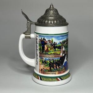 Vintage 1970s Rare BMF Bierseidel Regimental W. German Cavalry Military Beer Stein with Hinged Pewter Turret Lid