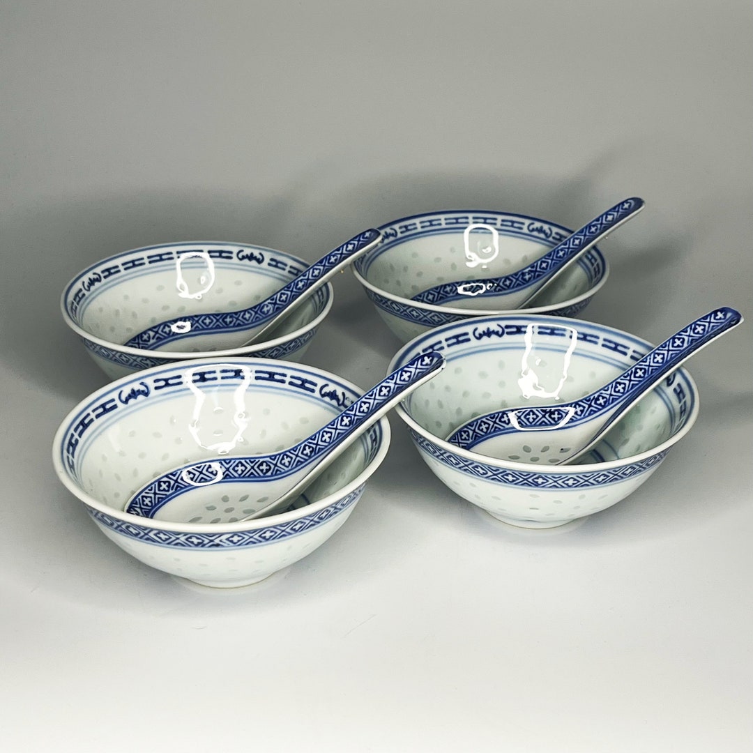 Set of 4 Chinese Vintage Translucent Rice Grain Porcelain Bowls and