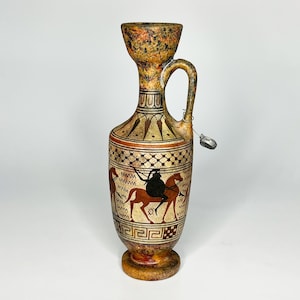 Black Figurine Attic Lekythos c. 500 B.C Pottery Oil Holder/Vase, Archaic Period Museum Replica, Greek Art on Pottery