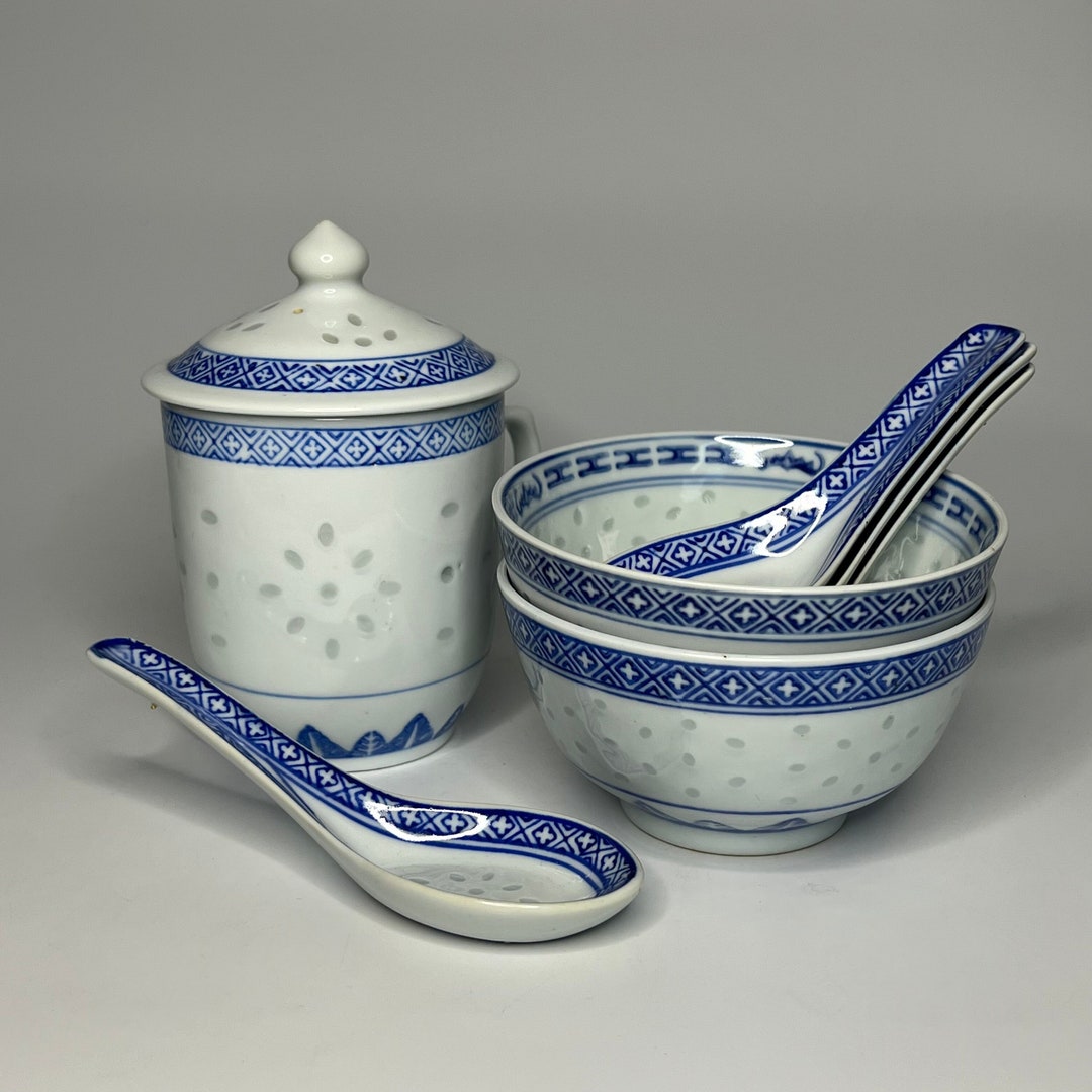 Chinese Vintage Translucent Rice Grain Porcelain Bowls Spoons Etsy