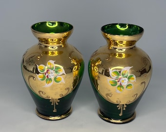 ムラーノ エメラルドグリーン 花瓶：ヴィンテージ 24K ゴールド ハンド