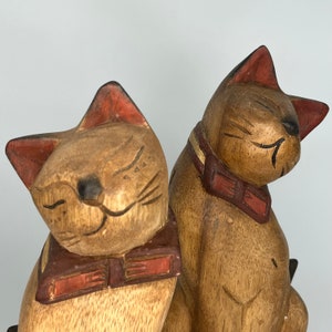 Pair of Vintage Carved Wood Cat with Bow Statues Figurines