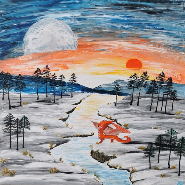 Drache am Fluß, Sonnenuntergang, Mond, Winter, Acryl Malerei Bild Gemälde 50x50cm, auf Leinwand