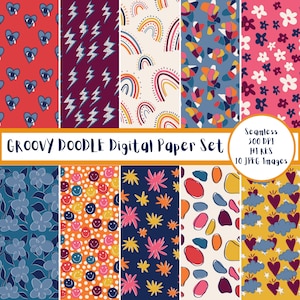 GROOVY DOODLE Digital Paper Set, Seamless Textures, Colorful Patterns, Instant Download, Boho Pattern, Printable, Commercial Use